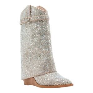 Madden Girl Women’s Joe Rhinestone Cuffed Wedge Western Booties Cream Size 7 M